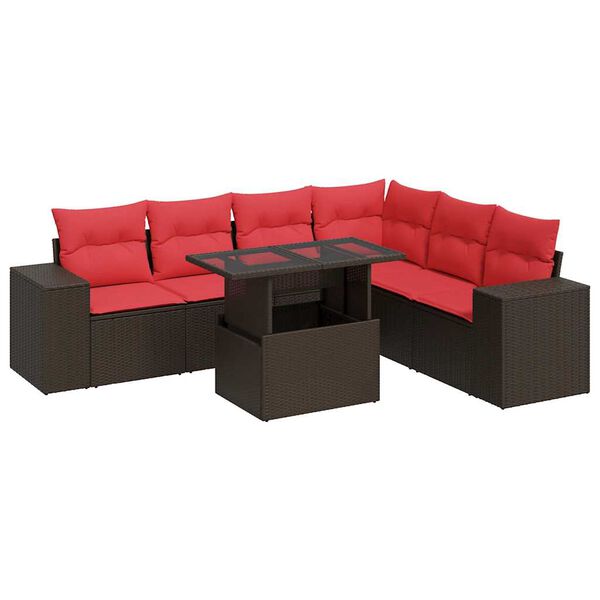 vidaXL 7 Piece Patio Sofa Set with Cushions Brown Poly Rattan Acacia