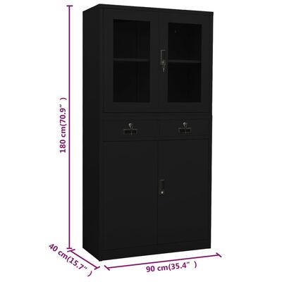 vidaXL Office Cabinet Black 35.4"x15.7"x70.9" Steel and Tempered Glass