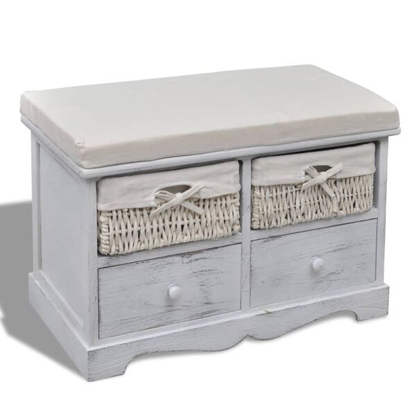vidaXL Storage Bench White Wood, Cotton, Polyester 24.4 x 13.0 x 16.5 in