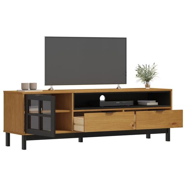 vidaXL TV Cabinet Oak Solid Pine Wood, Tempered Glass, Plastic