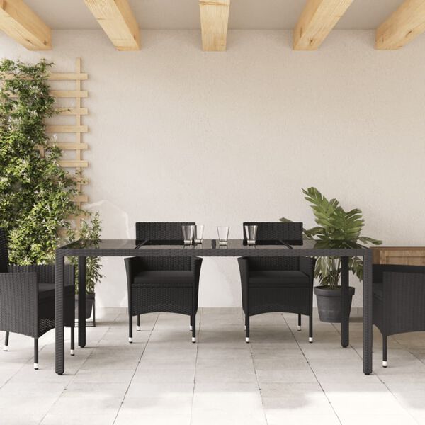 vidaXL Garden Table Black Poly Rattan, Powder-Coated Steel, Tempered Glass