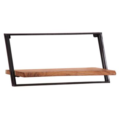 Long black metal frame with a wooden shelf.