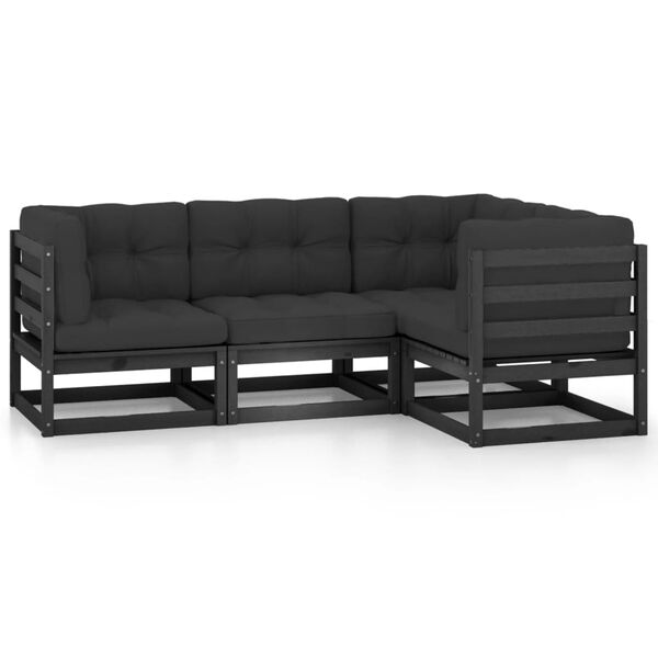 vidaXL Garden Lounge Set Black Solid pine wood, 100% polyester Medium