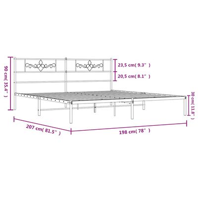 Specification diagram of a metal bed frame showing dimensions in purple: overall length 198 cm, width 207 cm, height 90 cm; mattress height 30 cm.