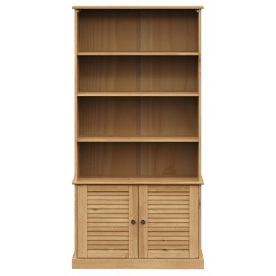 Wooden bookcase with open shelves above and closed louvered doors at bottom