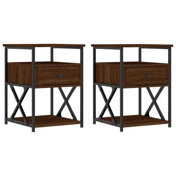 vidaXL Bedside Cabinet Set of 2 Brown Oak Engineered wood, Iron