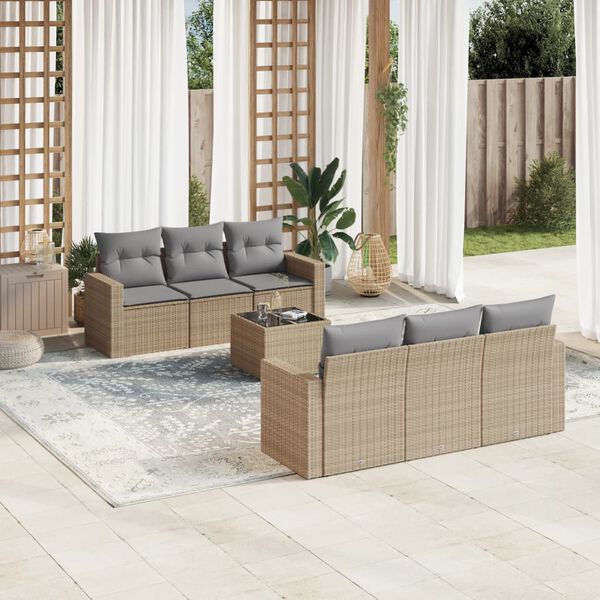 vidaXL Garden Sofa Set Beige PE Rattan, Powder-Coated Steel, Tempered Glass