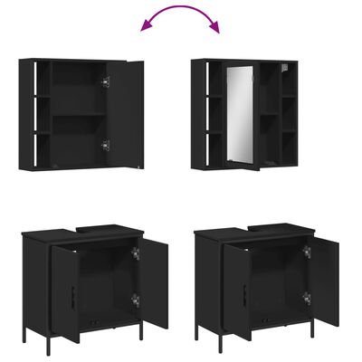 Set of bathroom cabinet doors shown in a flip animation: left open, right with mirror, bottom cabinet