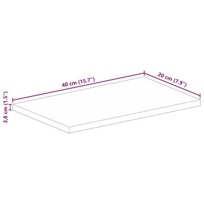 Outline diagram with dimensions of a flat rectangular wooden surface: 40 cm x 20 cm x 3.8 cm