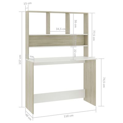 vidaXL Desk with Shelves White and Sonoma Oak 43.3"x17.7"x61.8" Chipboard