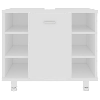 Wide white cabinet with central door and open side shelves.