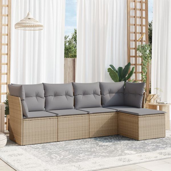 vidaXL 5 Piece Patio Sofa Set with Cushions Beige Poly Rattan