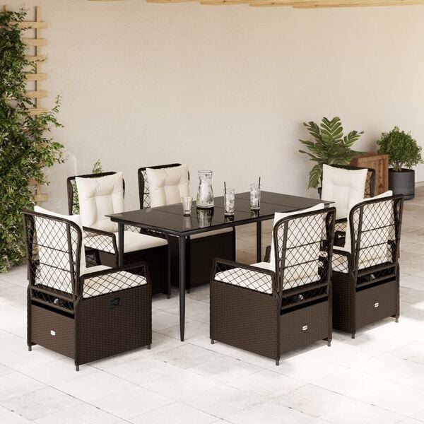 vidaXL 7 Piece Patio Dining Set with Cushions Brown Poly Rattan