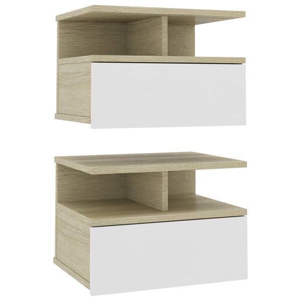 vidaXL Floating Nightstand Set of 2 White and sonoma oak Engineered wood