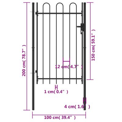 vidaXL Fence Gate Single Door with Arched Top Steel 39.4"x59.1" Black