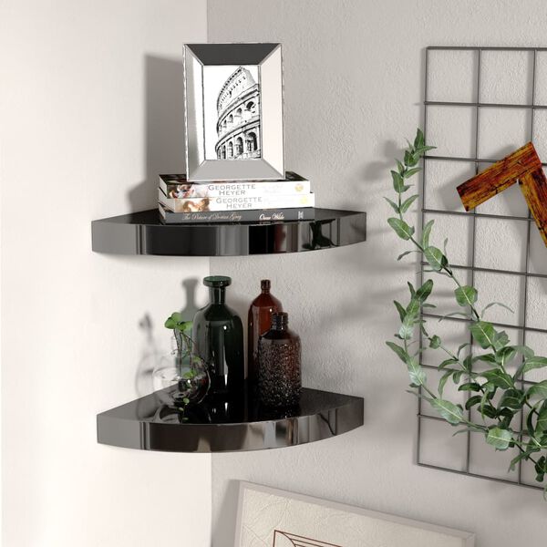 vidaXL Corner Shelf Set of 2 High gloss black Honeycomb MDF