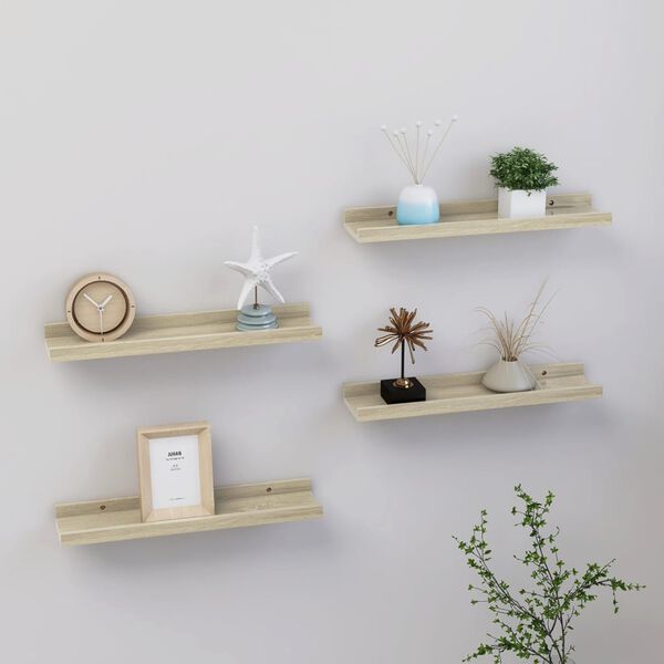 vidaXL Wall Shelf Set of 4 Sonoma Oak MDF 15.7 x 3.5 x 1.2 in Modern