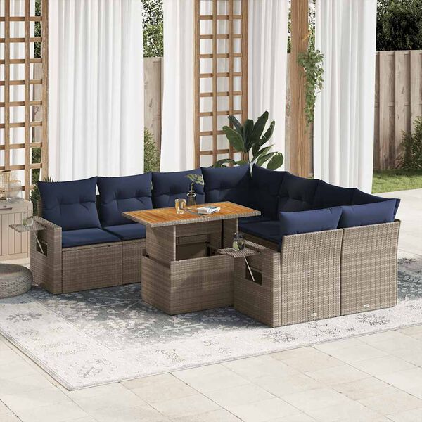 vidaXL 9 Piece Patio Sofa Set with Cushions Gray Poly Rattan