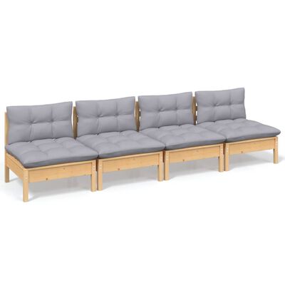 vidaXL 4-Seater Patio Sofa with Gray Cushions Solid Pinewood
