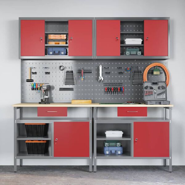 vidaXL Work Bench Set with Drawer 8 pcs Red 200 x 55 x 200 cm Steel