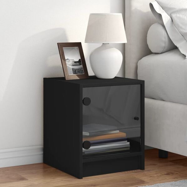 vidaXL Nightstand Black Engineered wood, glass 13.8 x 14.6 x 16.5 in