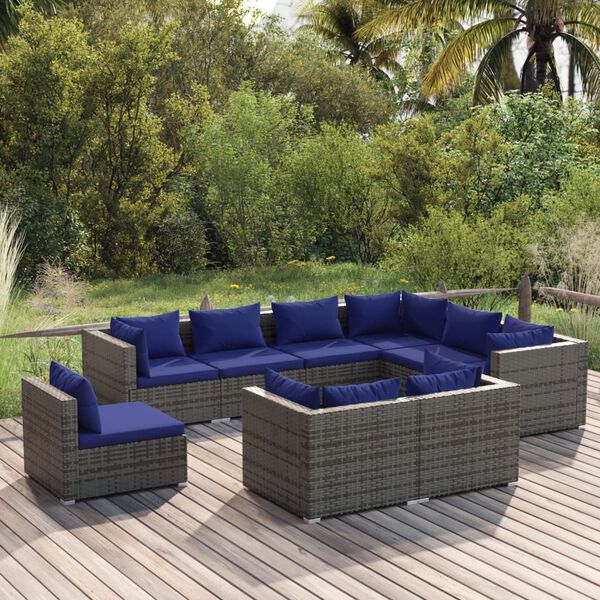 vidaXL Garden Lounge Set Grey PE rattan, powder-coated steel, plastic