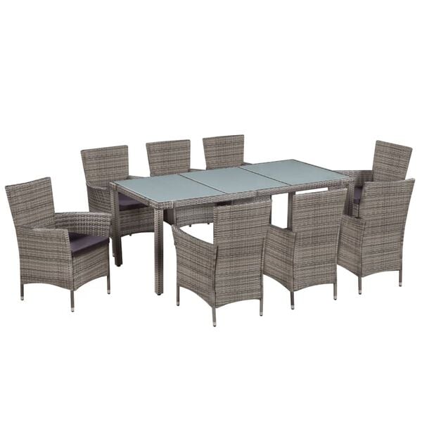 vidaXL Dining Set Gray and dark gray PE rattan, glass, powder-coated steel