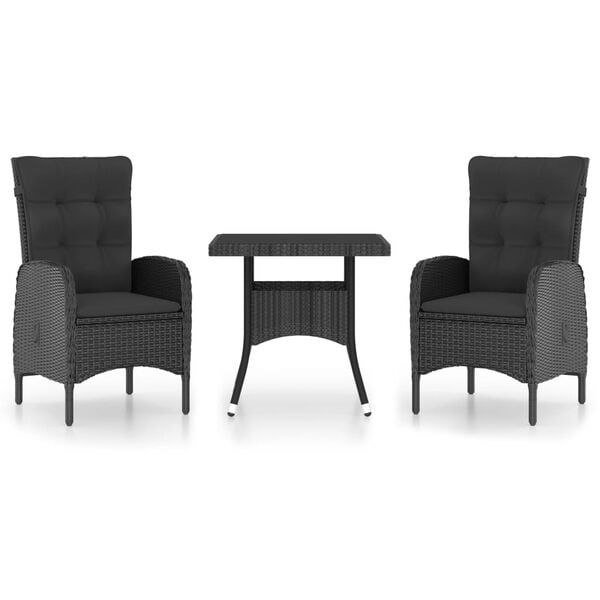 vidaXL Garden Dining Set Black Poly rattan, steel, glass, fabric