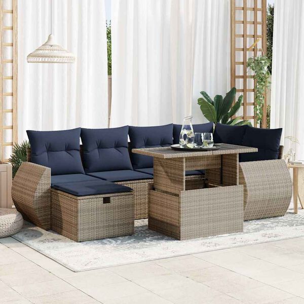 vidaXL 7 Piece Patio Sofa Set with Cushions Grey Poly Rattan Acacia