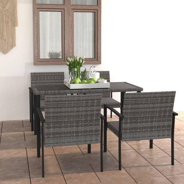 vidaXL Dining Set Grey and Black Poly rattan, powder-coated steel Medium