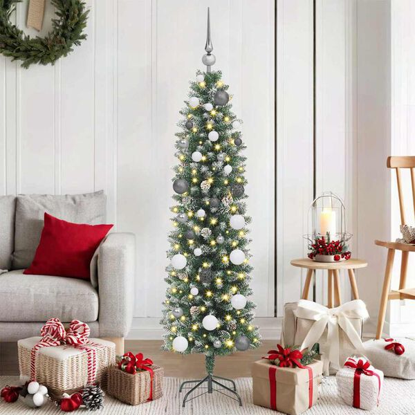 vidaXL Artificial Slim Christmas Tree Green and White 59.06 in