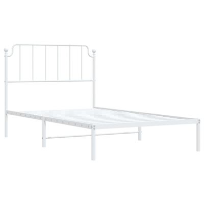 White metal bed frame with headboard and slatted base showing