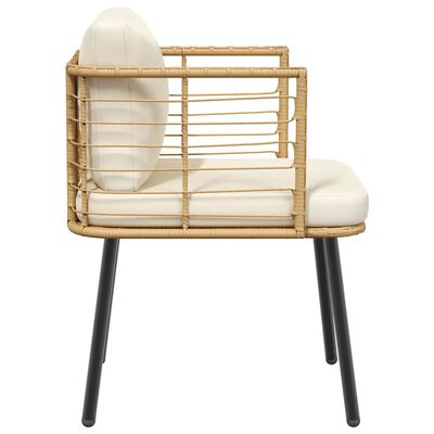 Side view of a rattan chair with cushion and armrest, showing lattice sides and black legs.
