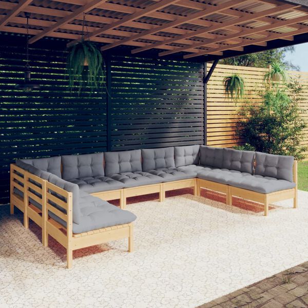 vidaXL Garden Lounge Set Grey Solid pine wood, fabric (100% polyester)