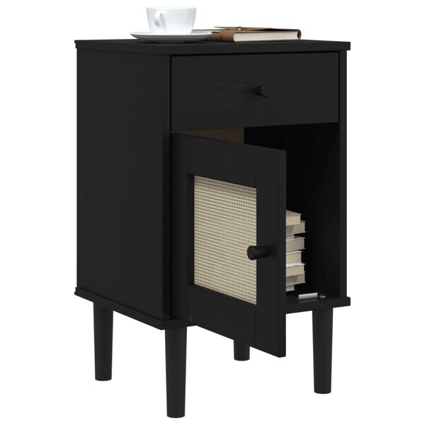 vidaXL Bedside Cabinet Black Solid pine wood, engineered wood, poly rattan