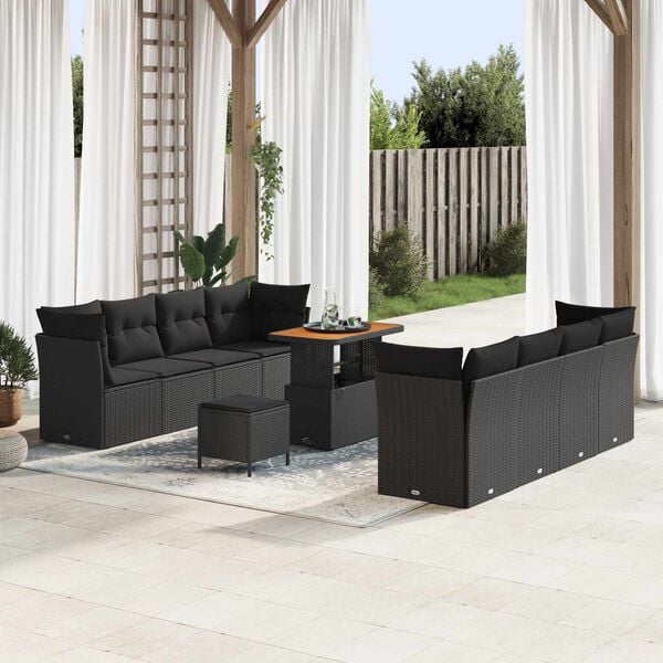 vidaXL Garden Sofa Set with Cushion 11 pcs Black Poly Rattan