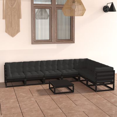vidaXL 8 Piece Patio Lounge Set with Cushions Black Solid Pinewood