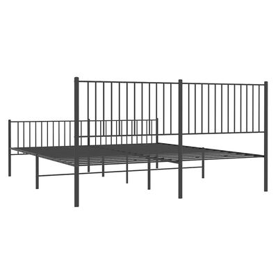 Black metal bed frame with partial headboard, wide side rails, and visible support legs in a product image.