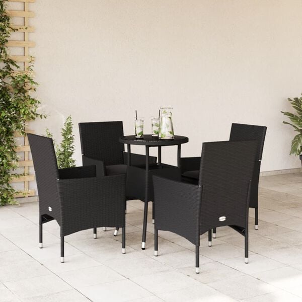 vidaXL 5 Piece Patio Dining Set with Cushions Black Poly Rattan and Glass