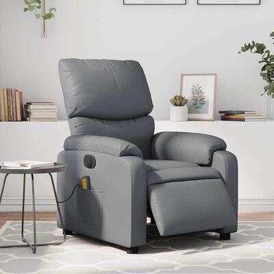 Gray recliner chair in a living room setting showing side pocket and reclining footrest extended