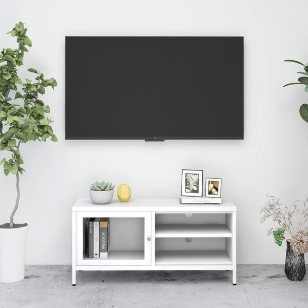 vidaXL TV Cabinet White White powder-coated steel, tempered glass Large