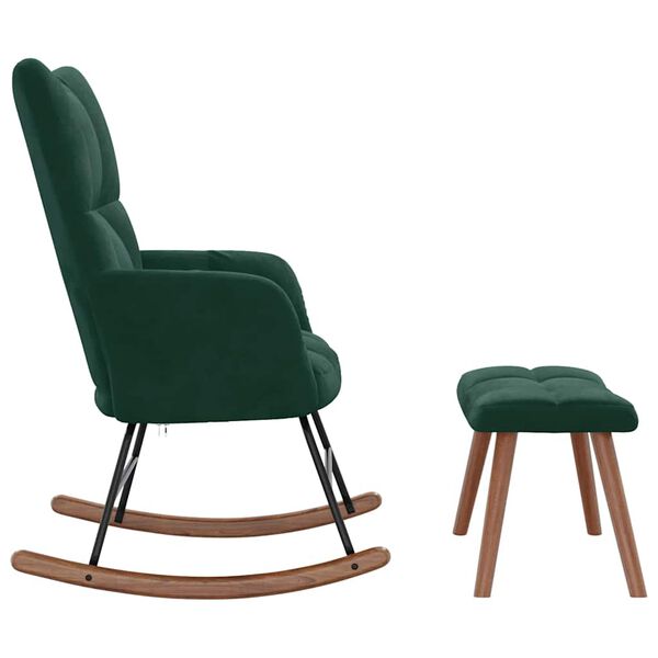 vidaXL Rocking Chair With Stool Dark green Velvet, solid rubber wood, steel