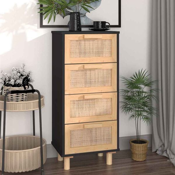 vidaXL Sideboard Black 15.7"x11.8"x35.4" Solid Wood Pine and Natural Rattan
