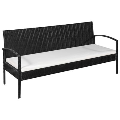 vidaXL 3 Seater Patio Sofa with Cushions Black Poly Rattan