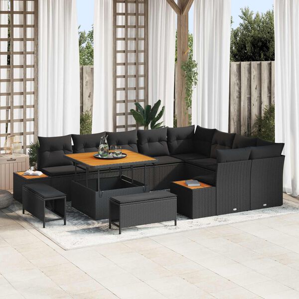 vidaXL Garden Sofa Set with Cushion with Storage Black Poly rattan