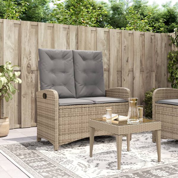vidaXL Reclining Patio Bench with Cushions Beige Poly Rattan