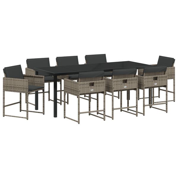 vidaXL Garden Dining Set with Cushion 9 pcs Grey Poly Rattan
