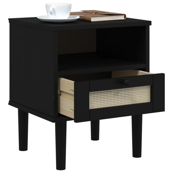 vidaXL Bedside Cabinet Black Solid pine wood, engineered wood, poly rattan