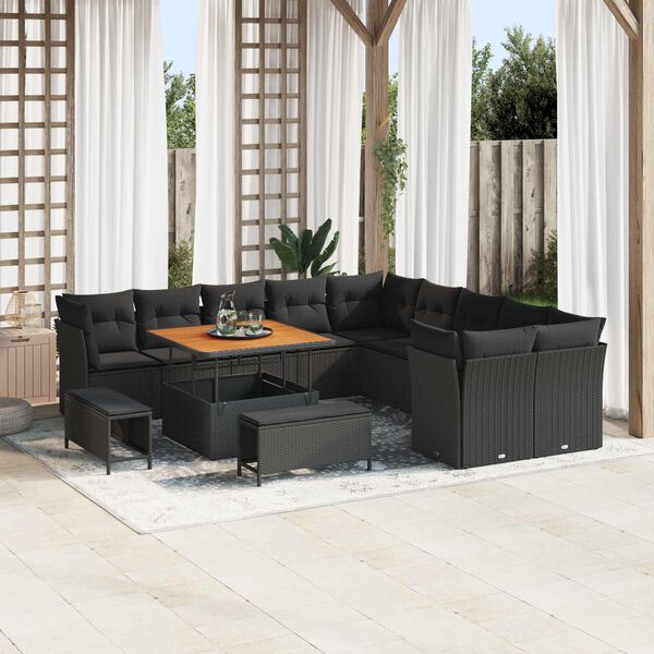vidaXL Garden Sofa Set with Cushion 13 pcs Black Poly Rattan
