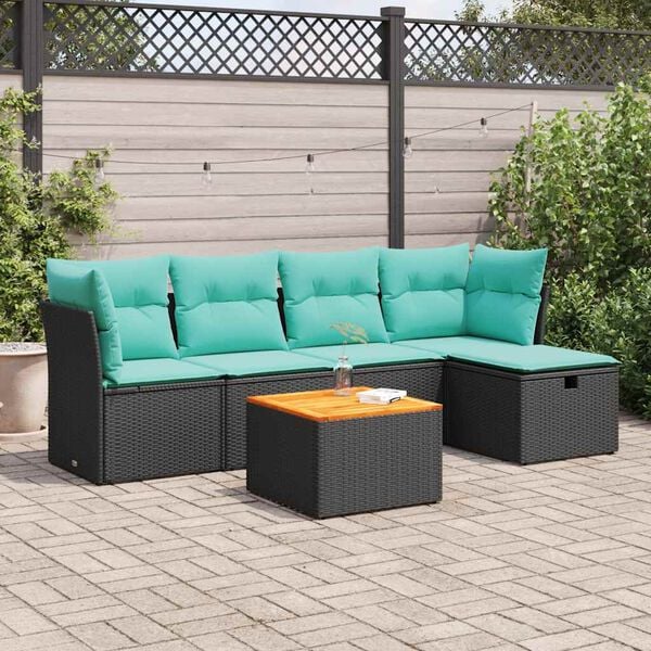vidaXL 6 Piece Patio Sofa Set with Cushions Black Poly Rattan
